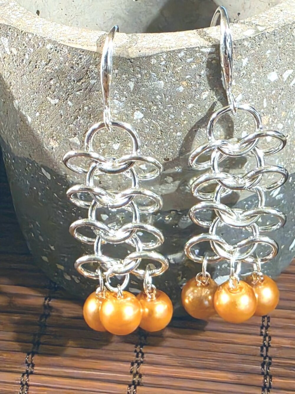 Edgy Champagne Gold Glass Pearl Sterling Silver Plated Chainmaille Earrings